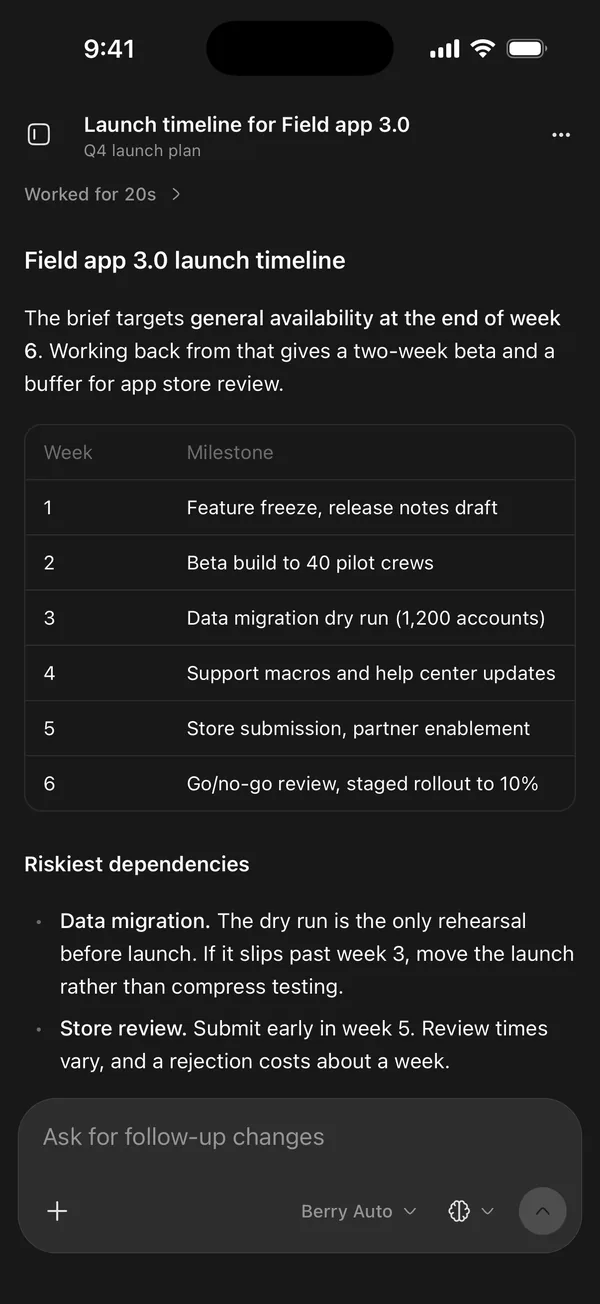 Berry on iPhone: an answer with a launch timeline table.