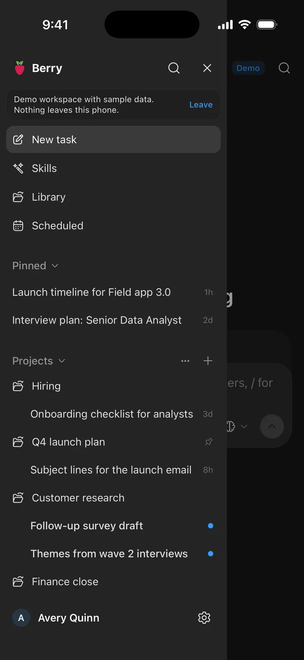 Berry on iPhone: projects and tasks in the sidebar.
